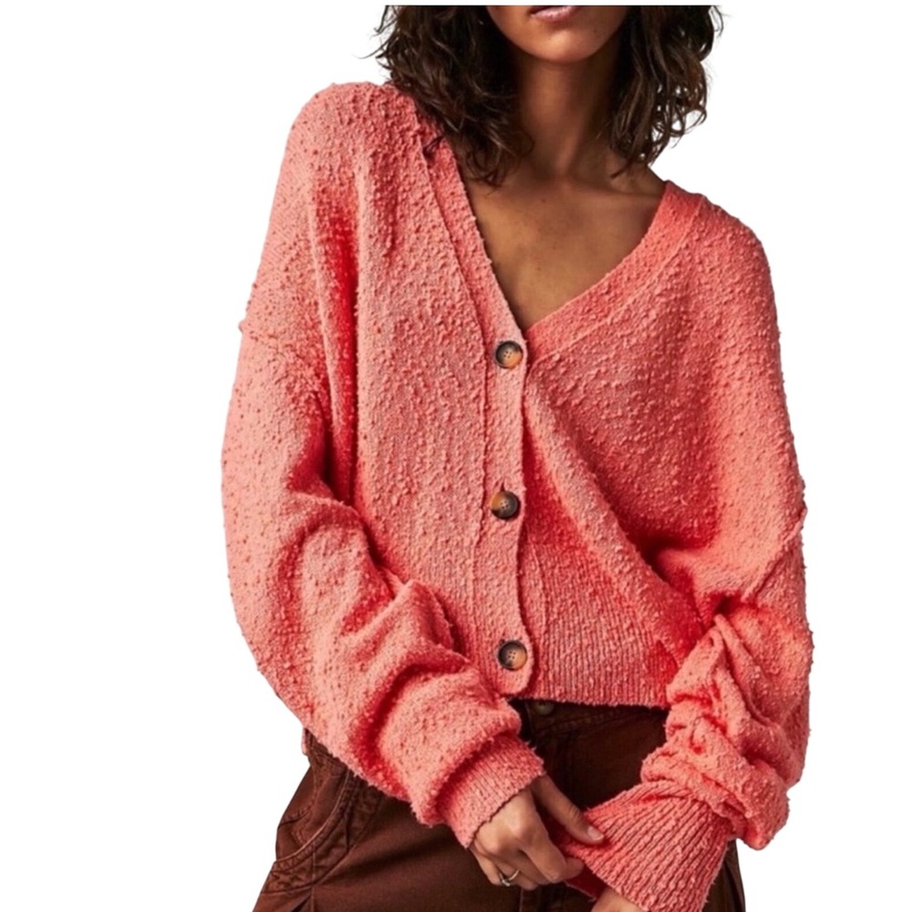 Free People Found My Friend Orange Coral Cardigan Sweater Size Med